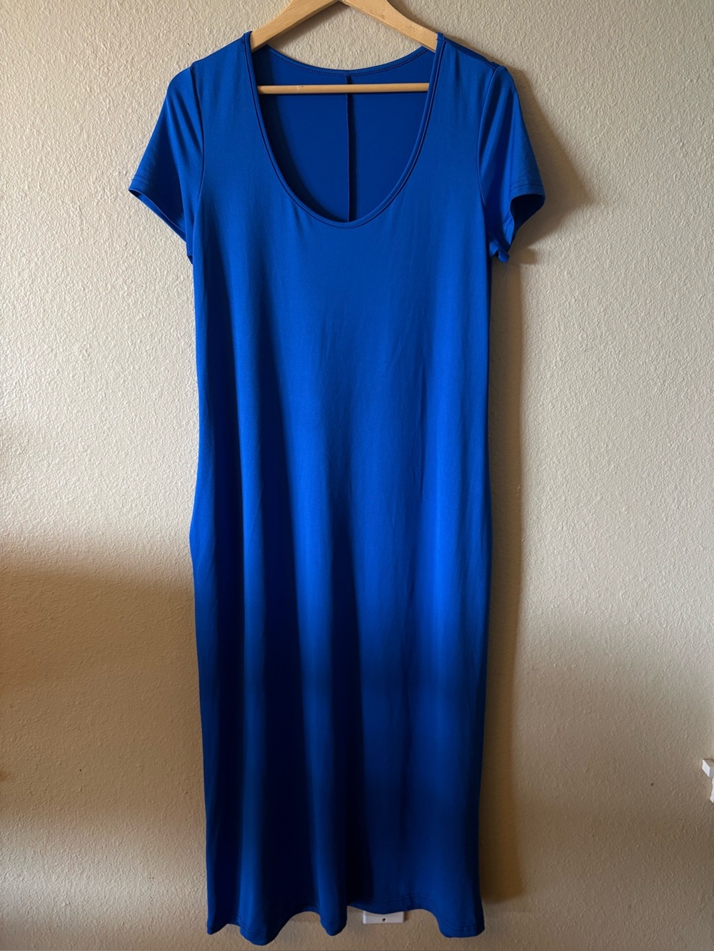 Royal Blue Maxi Dress With Pockets Stretch Knit Short Sleeve Large